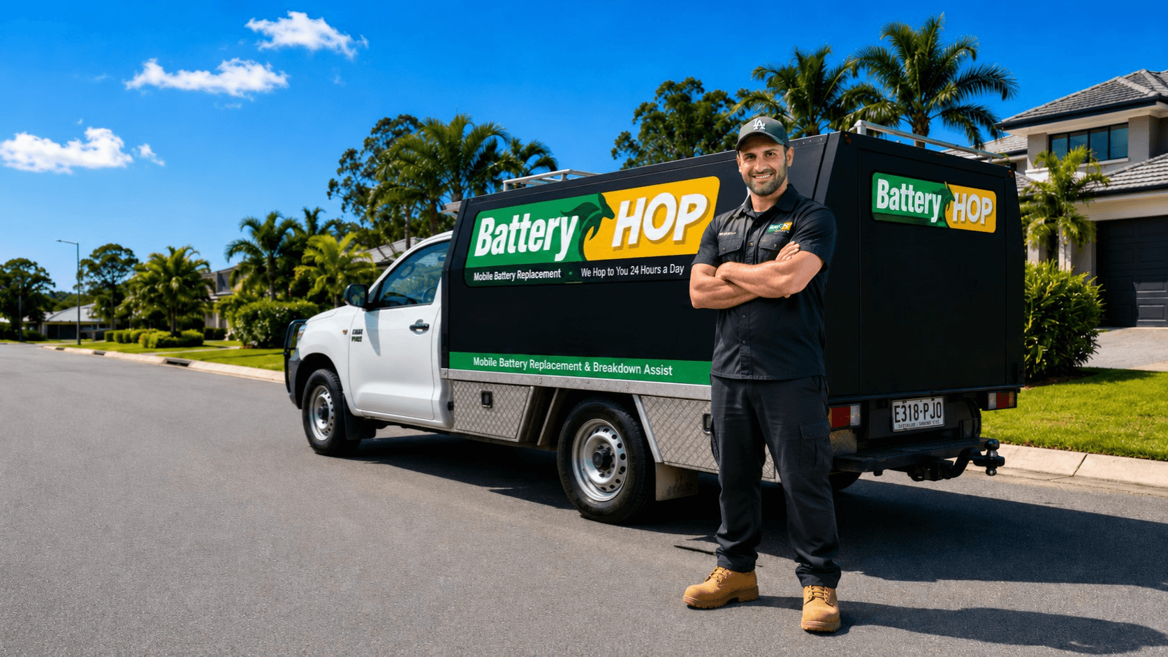 David from Battery Hop standing beside the mobile battery replacement van on the Gold Coast